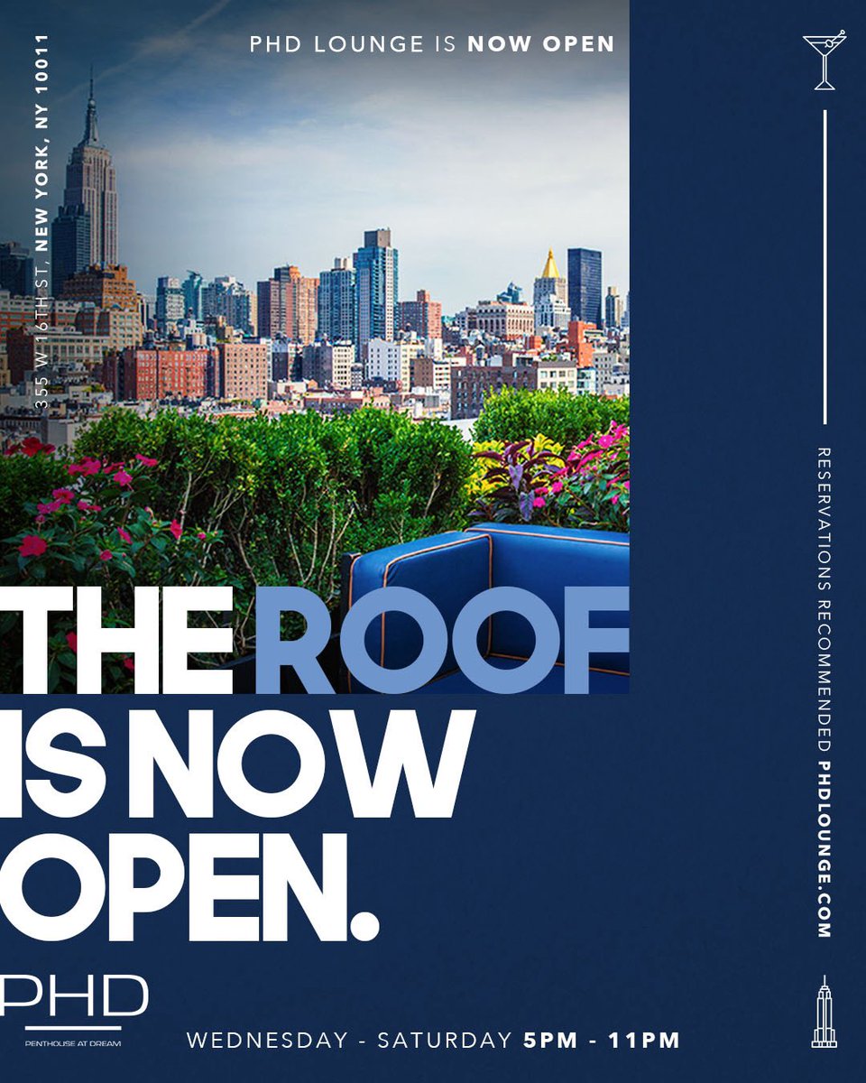 The roof is now OPEN 🎉

Join us today beginning at 5pm for the reopening of @phdrooftopny! Visit PHDLounge.com to make a reservation.