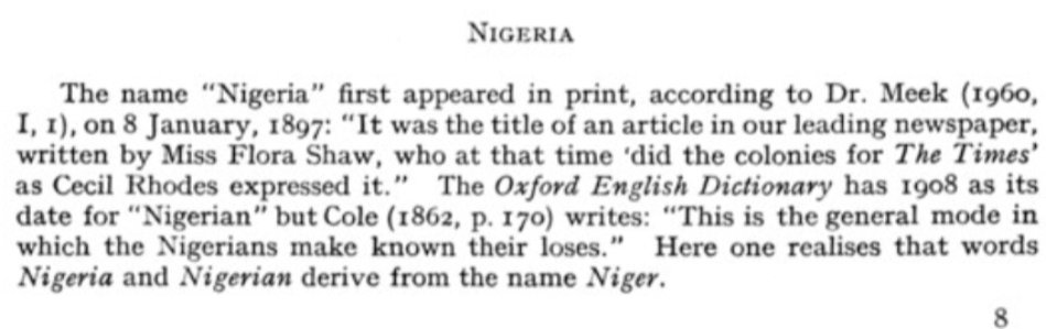 "The word nigger is an ethnic slur typically directed at black people. The word originated in the 18th century as an adaptation of the Spanish negro, a descendant of the Latin adjective Niger, which means black."- Wikipedia

Nigeria is simply the N-word + area. <a href="/UKinNigeria/">UK in Nigeria🇬🇧🇳🇬</a> why?
