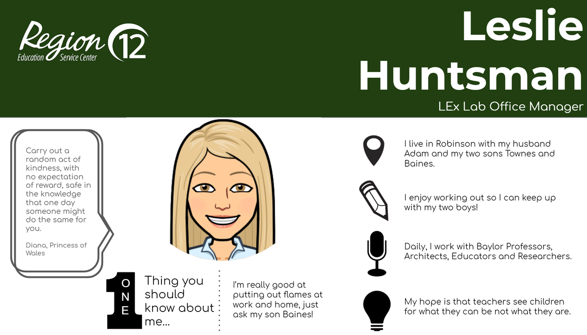 R12_CC's tweet photo. Meet Leslie! 

She does it all over at the LEx Labs, works with Baylor and Huckabee Architects, and has two sweet boys! 

Follow - @les_huntsman 
About -https://t.co/YE4GhnQS23

@Region12 @LEx_Collab #Baylor #txed #r12genedge #Texas #education https://t.co/bXSRVSlUkm