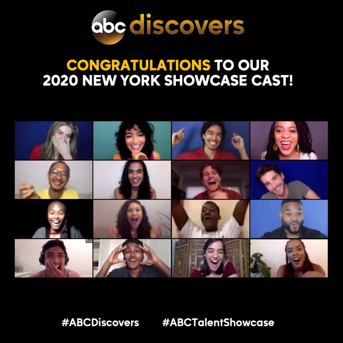 ABC_Casting's tweet photo. We're all at home with some fun news! These actors just made the 2020 ABC Discovers: New York Talent Showcase!
#ABCDiscovers #ABCTalentShowcase https://t.co/hs3KdVNZiT