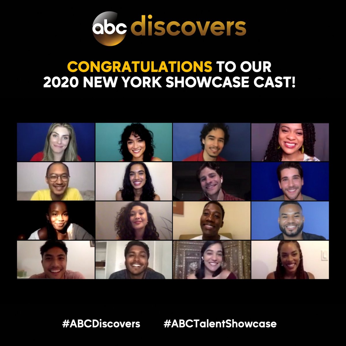 ABC_Casting's tweet photo. We're all at home with some fun news! These actors just made the 2020 ABC Discovers: New York Talent Showcase!
#ABCDiscovers #ABCTalentShowcase https://t.co/hs3KdVNZiT
