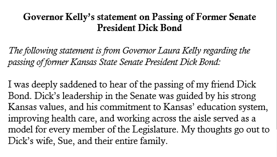 GovLauraKelly's tweet image. The following is my statement regarding the passing of former Kansas Senate President Dick Bond: