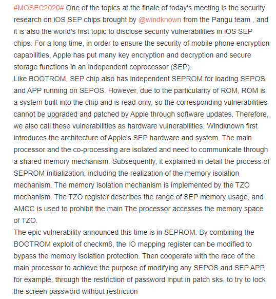 Yalujb's tweet photo. Unpatchable SEP bug discovered by Team Pangu 🔥🔥🔥. #MOSEC2020 #TeamPangu https://t.co/4kEmcMxaQ0
