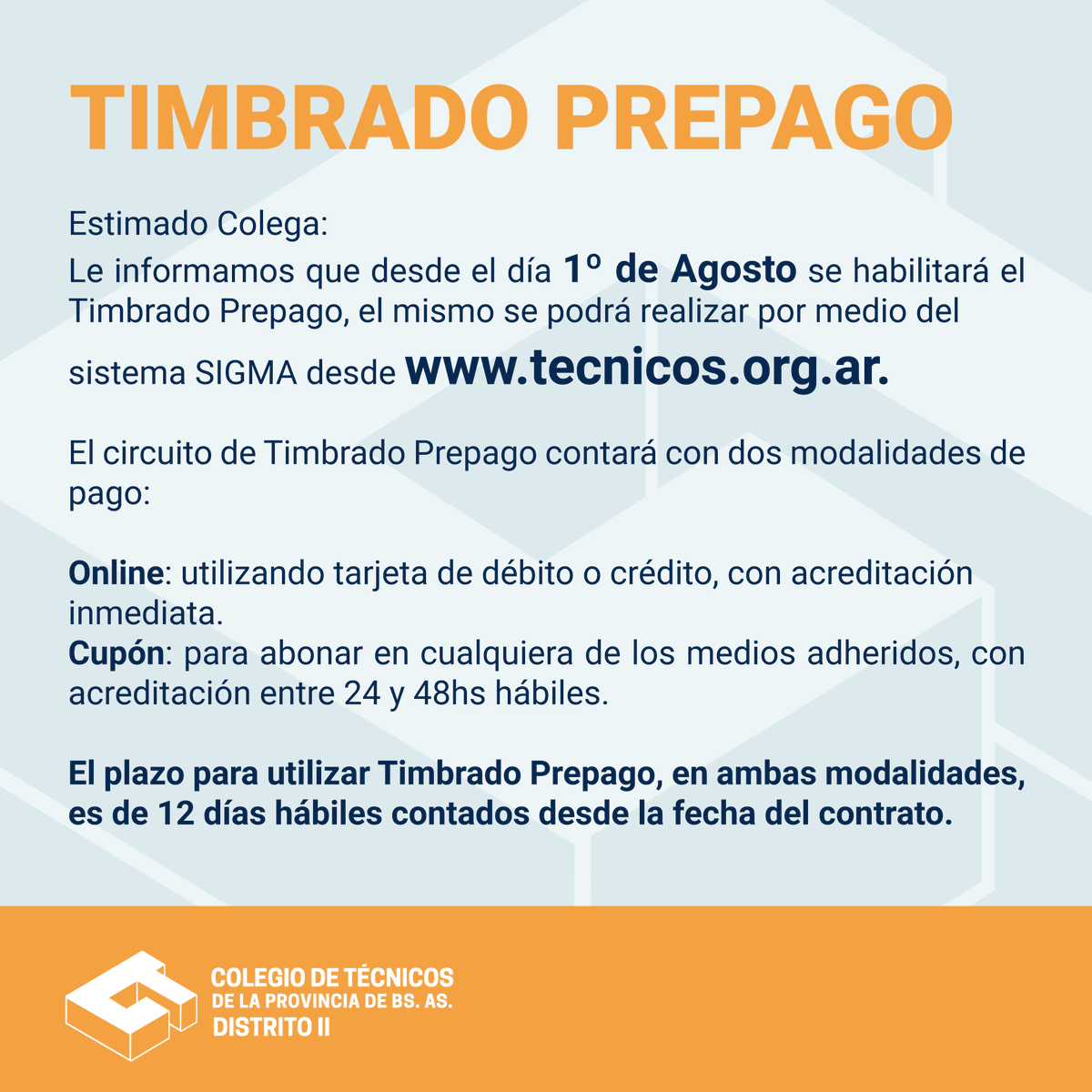 tecnicosd2's tweet photo. TIMBRADO PREPAGO 🌐💻📱
👇👇👇👇👇👇👇
https://t.co/ynyq4qv3Cx
#ColegiodeTecnicos #Distrito2 #TimbradodeContratos #prevencion #NosCuidamosentreTodos #covid19 #LaMatanza #Merlo #Moreno #TresdeFebrero #Moron #Salto #Lujan #Chivilcoy #SanAdeGiles Ver menos https://t.co/vkYetm7wch