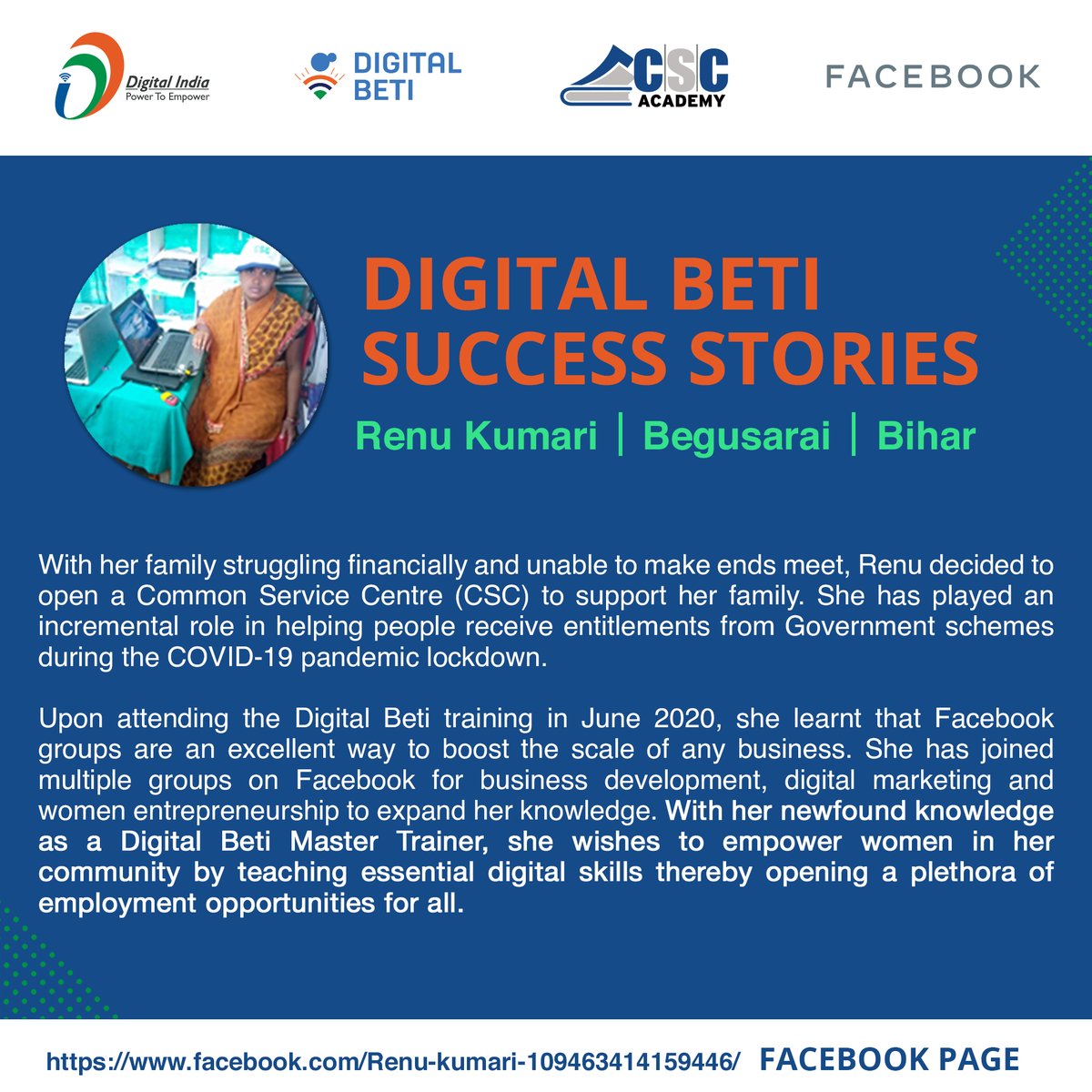 CSCegov_'s tweet photo. #DigitalBeti Success Story...

Meet VLE Renu Kumari from Begusarai district, Bihar. 
With her knowledge as a Digital Beti Master Trainer, she wishes to empower women in her community by teaching digital skills thereby opening a plethora of employment opportunities for all. https://t.co/ZP4hrlMc0J