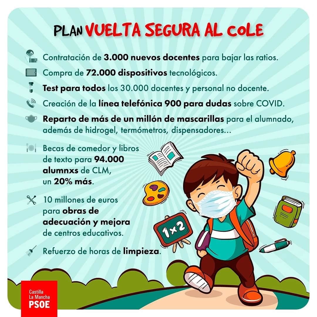 PsoeMoral's tweet photo. 🎒 Aprobado el nuevo "Plan vuelta segura al cole" dotado con +120 millones de euros con el que nuestrxs peques volverán al cole más segurxs que nunca.

➕3.000 docentes
➕Protección
➕Equipos y material
➕Limpieza

Que la pandemia no frene la ilusión por aprender. https://t.co/Sn4K3DDN0N