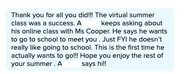 Rcv'd this message from an ESY parent &amp; it warmed my heart tremendously. I was so nervous about working virtually w/ a group of littles w/ special needs that I had no rapport w/, but @SpedCurrLBUSD put together some wonderful content making summer school a blast! #proudtobeLBUSD
