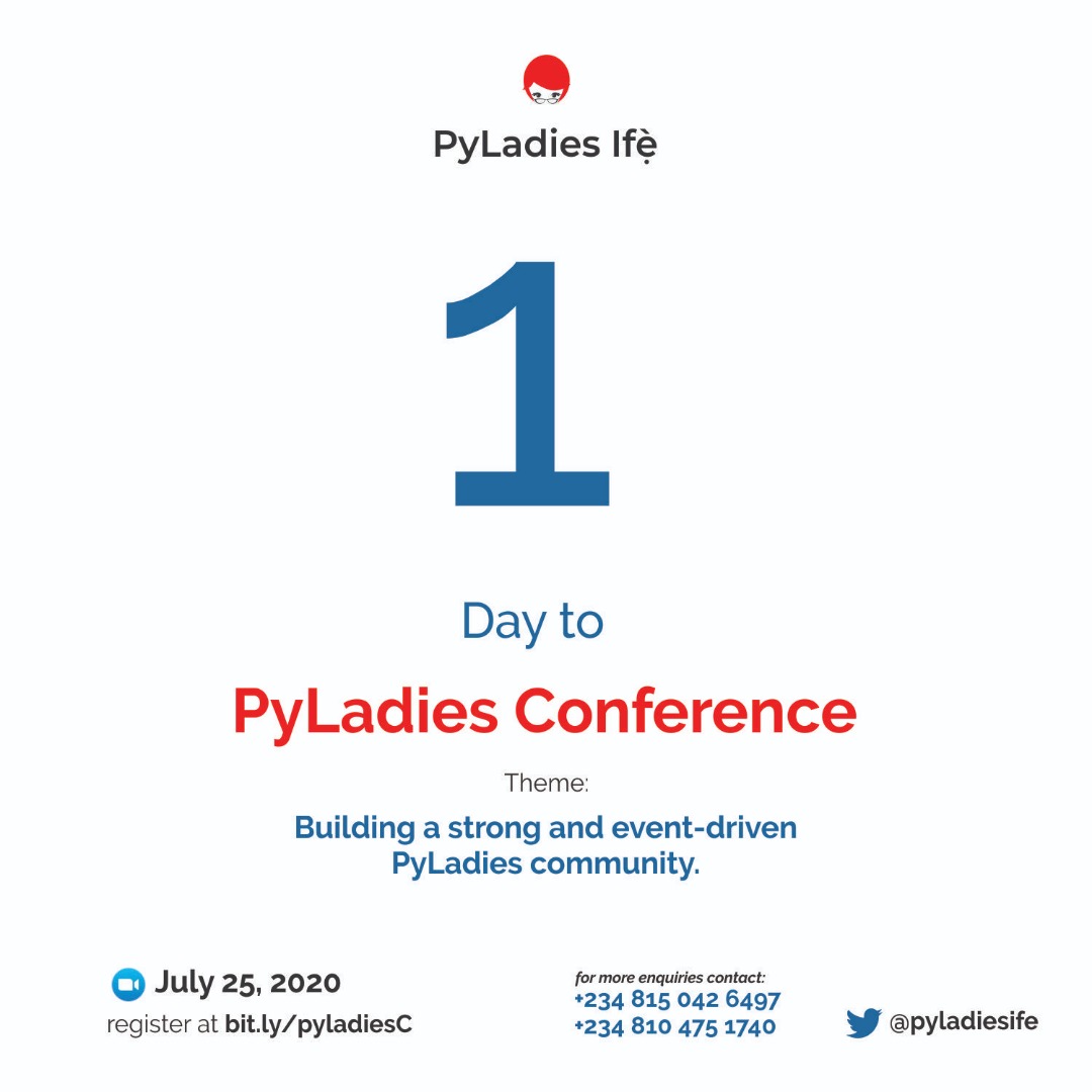 Hi Everyone, PyLadiesIfe Conference is TOMORROW
One more day to go

@bliupearl <a href="/OkoyeTiku/">Tiku Nosa</a> <a href="/tracie_amy/">AMARA💻🇳🇬</a> <a href="/marlene_zw/">Marlene Mhangami</a>
 <a href="/PyladiesNigeria/">PyLadies Nigeria</a> <a href="/ThePSF/">Python Software Foundation</a> @grace_omojol <a href="/PythonIfe/">Python Ife</a>

link: bit.ly/pyladiesC
it promises to be enlightening and interesting.
PS: Guys are welcomed.