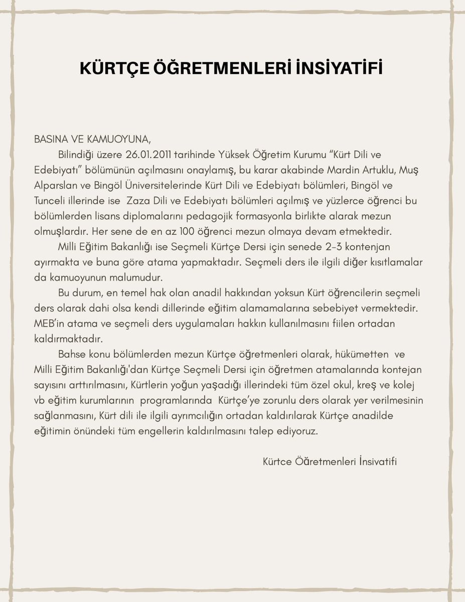 Sn <a href="/ziyaselcuk/">Ziya Selçuk</a> Kürtçe öğretmenleri adil ve hakkaniyetli atamalar bekliyor.

Öğretmen kardeşlerimizin neredeyse tamamı kendi mesleklerini icra edemiyorlar.

Bu haksız tutum bir son bulmalıdır. 

#KurtçeOgretmenlerinÇagrisi
#BangaMamosteyênKurdi