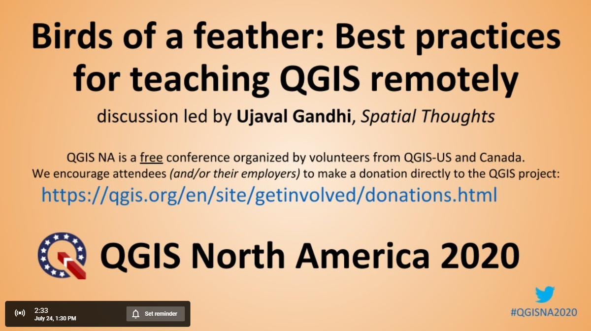PublicHealthMaps (@publichealthmap) on Twitter photo NEXT UP - Ujaval Gandhi (<a href="/spatialthoughts/">Ujaval Gandhi</a>) hosts: "Birds of a feather: Best practices for teaching #QGIS remotely". Day 2 of #QGISNA2020! 🗺️🏫🖥️
@MicheleTobias <a href="/HelonakiGIS/">The Helonaki Deep Dive Podcast</a> <a href="/geomenke/">Kurt Menke - @geomenke.bsky.social</a> <a href="/hansakwast/">Hans van der Kwast @hansakwast@fosstodon.org</a> <a href="/fritzGIS/">Diane Fritz 🗺✏️🇺🇦</a> <a href="/rnanclares/">Raquel Perez de Nanclares</a> <a href="/rjhale/">@rjhale1971@fosstodon.org</a> <a href="/qgis_us/">QGIS U.S. User Group</a> #GIS #eLearning
youtube.com/watch?v=7bi7cz… NEXT UP - Ujaval Gandhi (<a href="/spatialthoughts/">Ujaval Gandhi</a>) hosts: "Birds of a feather: Best practices for teaching #QGIS remotely". Day 2 of #QGISNA2020! 🗺️🏫🖥️
@MicheleTobias <a href="/HelonakiGIS/">The Helonaki Deep Dive Podcast</a> <a href="/geomenke/">Kurt Menke - @geomenke.bsky.social</a> <a href="/hansakwast/">Hans van der Kwast @hansakwast@fosstodon.org</a> <a href="/fritzGIS/">Diane Fritz 🗺✏️🇺🇦</a> <a href="/rnanclares/">Raquel Perez de Nanclares</a> <a href="/rjhale/">@rjhale1971@fosstodon.org</a> <a href="/qgis_us/">QGIS U.S. User Group</a> #GIS #eLearning
youtube.com/watch?v=7bi7cz…