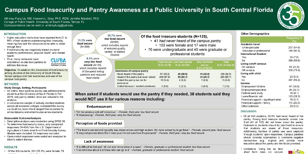 P118: Campus Food Insecurity and Pantry Awareness at a Public University in South Central Florida, Whitney Fung Uy MS , University of South Florida #SNEB2020
ow.ly/jkXN50AHrhk