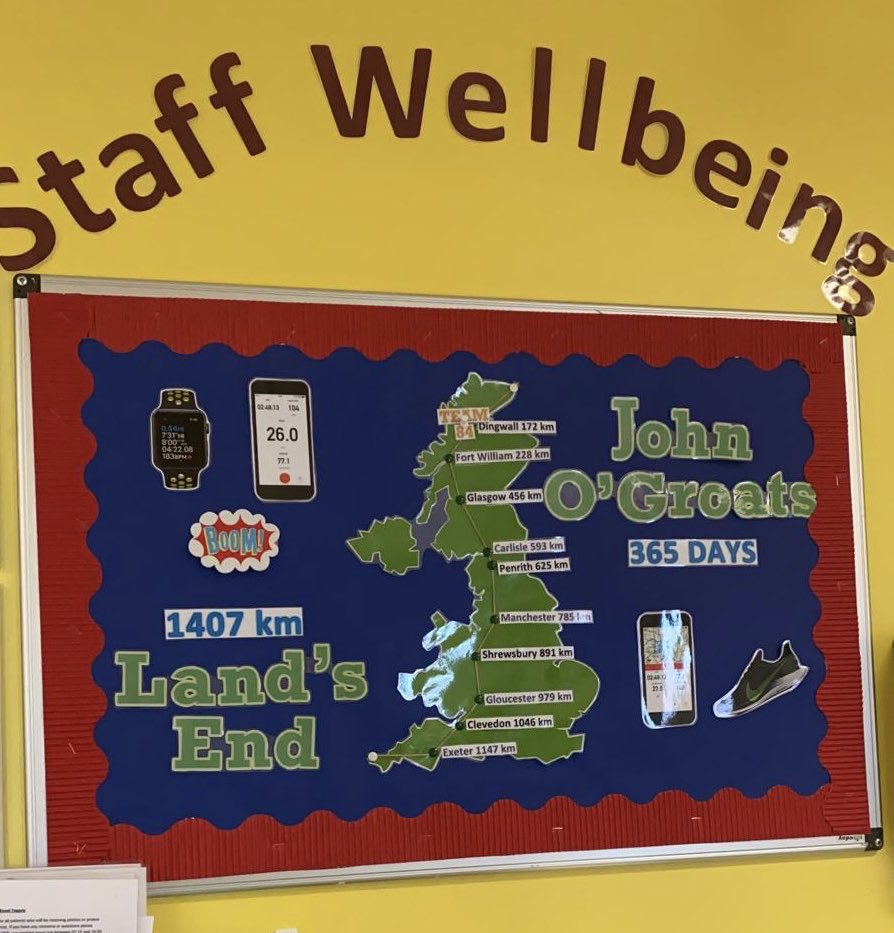 RMCH_Ward86's tweet photo. As part of our #Staffwellbeing Ward84 now has a virtual running club🏃🏻‍♀️ running independently but towards a combined goal...the length of the UK 😱😬 27members of Team84 have been running for just under a week and have already covered 200km Wish us luck 🏃🏻‍♀️🏃‍♂️ @RMCHosp @RMCHcharity https://t.co/j1oQRP14IG
