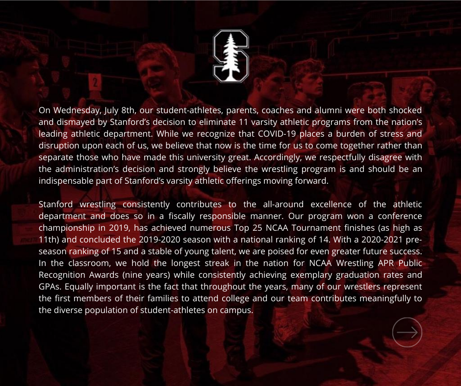 KeepStanfordWRE's tweet photo. Wrestling's initial response to the university's July 8th open letter, sent to university leadership on July 10th.

It has now been two weeks without a response, yet we remain optimistic for collaboration and look forward to a dialogue in the near future.

#KeepStanfordWrestling https://t.co/8PZC9pCTSv