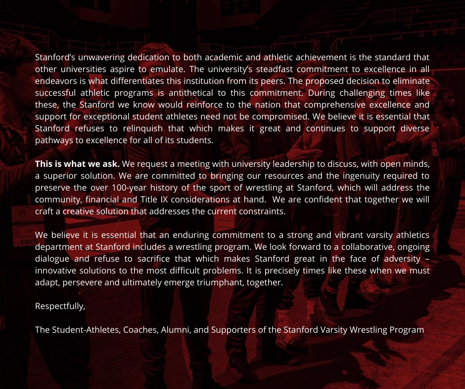 KeepStanfordWRE's tweet photo. Wrestling's initial response to the university's July 8th open letter, sent to university leadership on July 10th.

It has now been two weeks without a response, yet we remain optimistic for collaboration and look forward to a dialogue in the near future.

#KeepStanfordWrestling https://t.co/8PZC9pCTSv