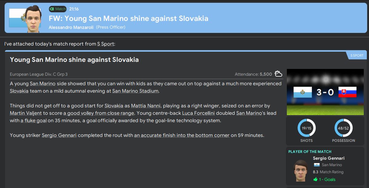 A tweak to our formation and San Marino really starting to roll now. A 3-0 win against Slovakia and an almost unbelievable 8-1 win against Montenegro means that we are in with a real chance of promotion to Division B of the Nations League...  #FM20