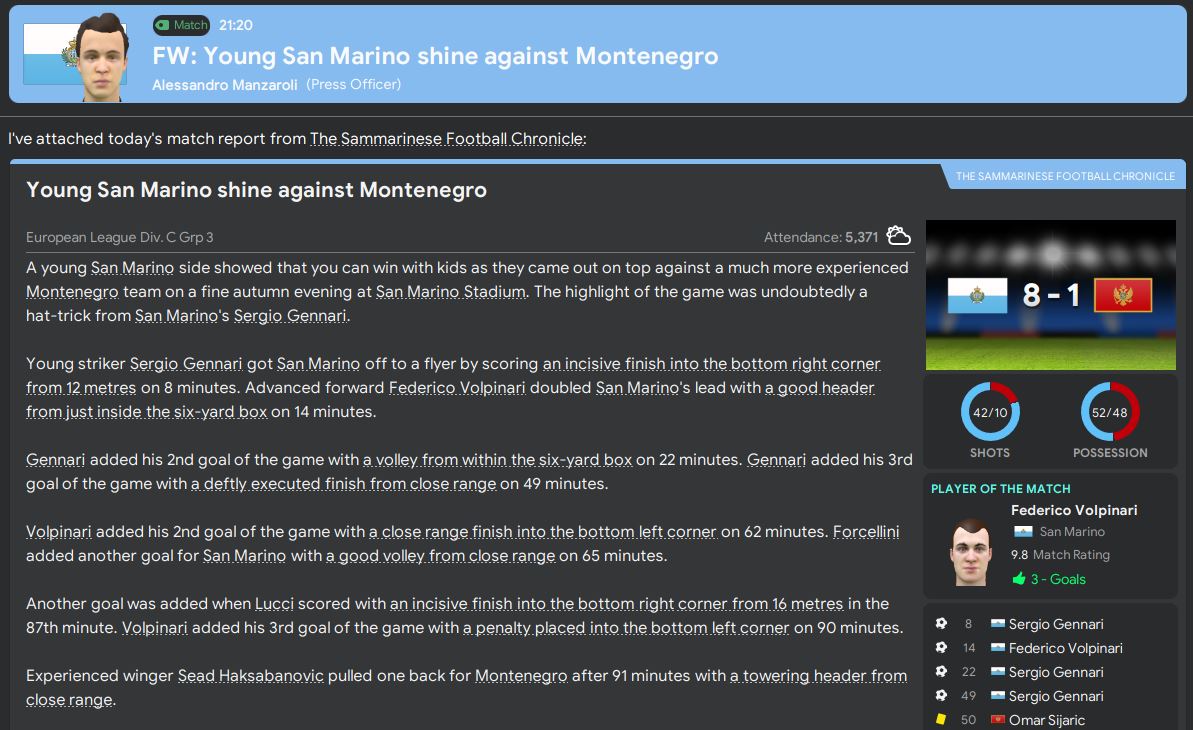 A tweak to our formation and San Marino really starting to roll now. A 3-0 win against Slovakia and an almost unbelievable 8-1 win against Montenegro means that we are in with a real chance of promotion to Division B of the Nations League...  #FM20