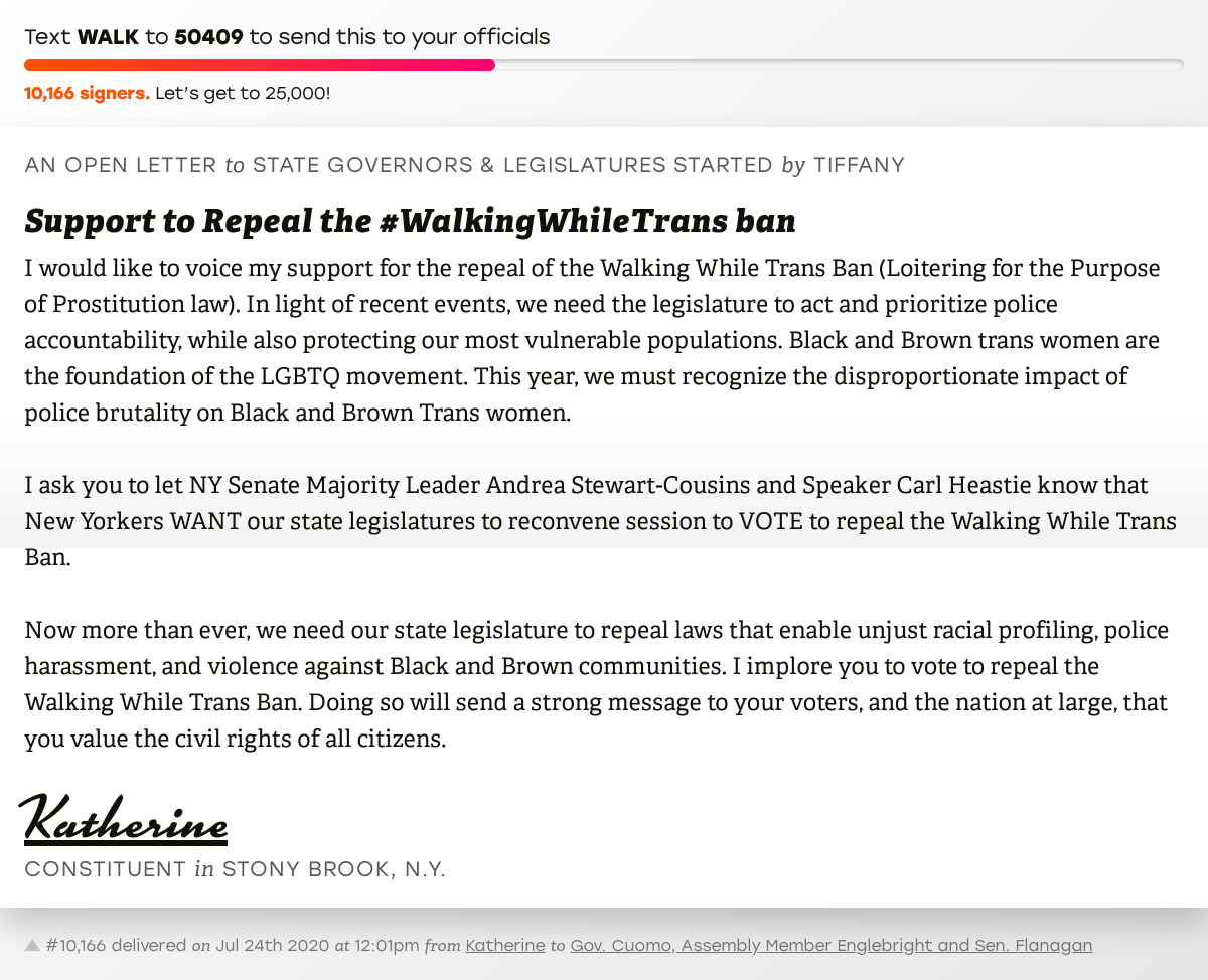 BlkTransTravel's tweet photo. Text "WALK" to 50409 to sign and repeal the #WalkingWhileTrans ban https://t.co/96T9odCXWo