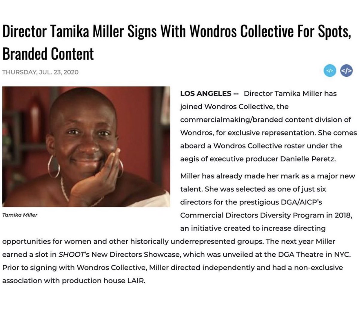 The CDDP-Commercial Directors Diversity Workshop would like to Congratulate 2018 Directing Fellow Tamika Miller on signing to the production company of Wondros. We are so excited for you and look forward to seeing more of your work. Continued success Tamika. So awesome!