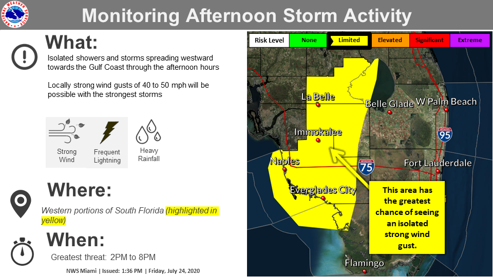 NWSMiami's tweet photo. Jul 24 [Enhanced Short Term Outlook] We are monitoring the western portions of South Florida for the development of showers and storms. The strongest storms could produce wind gusts of 40 to 50 mph, heavy rain, and lightning. #FLwx https://t.co/lBkaXYChm5