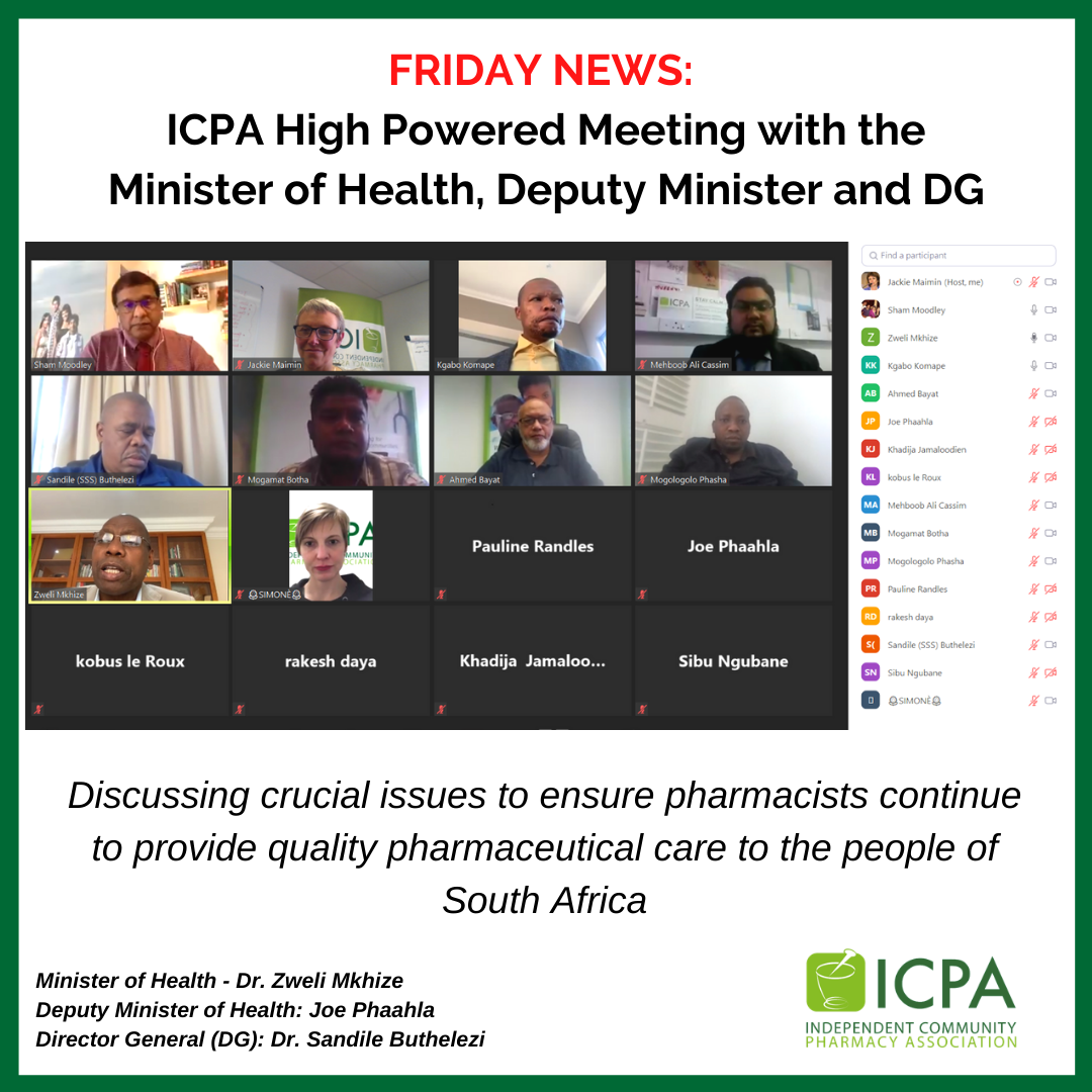 ICPASouthAfrica's tweet photo. High powered meeting with the Minister, Deputy Minister and DG Health. Discussing crucial issues to ensure pharmacists continue to provide quality pharmaceutical care to the people of South Africa 

@ICPASouthAfrica
@DrZweliMkhize https://t.co/7U2iQgQ6Cm