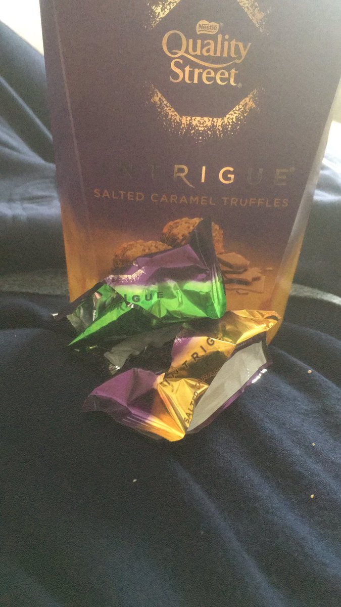 strickersbcfc's tweet photo. Just shoved one of these in my mouth without paying attention... one is salted caramel which should be in the pack, the other is praline truffle with nuts which shouldn’t be!! Luckily, I’m not allergic! Not great though @QualityStreetUK https://t.co/6Q8bOAqWyn