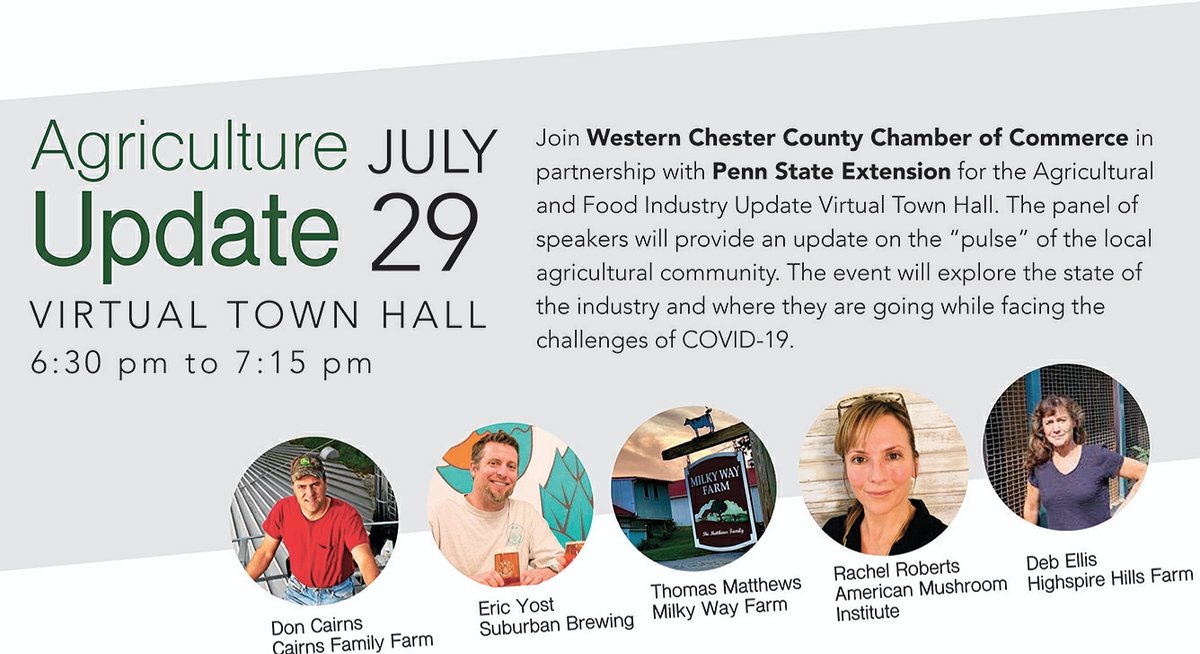 Western Chester County Chamber of Commerce and Penn State Extension Chester County is partnering to bring you the Agricultural and Food Industry Update Virtual Town Hall on July 29 from 6:30 pm to 7:15 pm. 
membership.westernchestercounty.com/events/details…