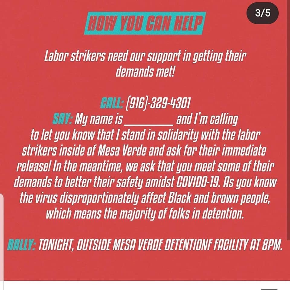 AllianceforBMOC's tweet photo. 🚨BREAKING NEWS: Undocumented immigrants at the Mesa Verde Detention Facility have launched a labor strike urging @GavinNewsom respond to #COVID19 outbreaks inside prisons and detention centers! @the_ILRC #FreeThemAll 

Learn how to take action with @CIYJA https://t.co/MXMba7HEkW