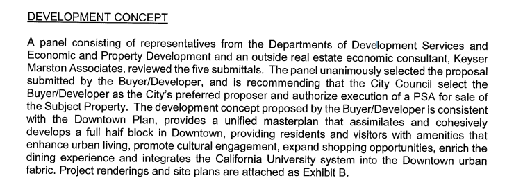 City staff in such cases = a panel of folks from the departments of Development Services and Economic Development, often in tandem with consultants.