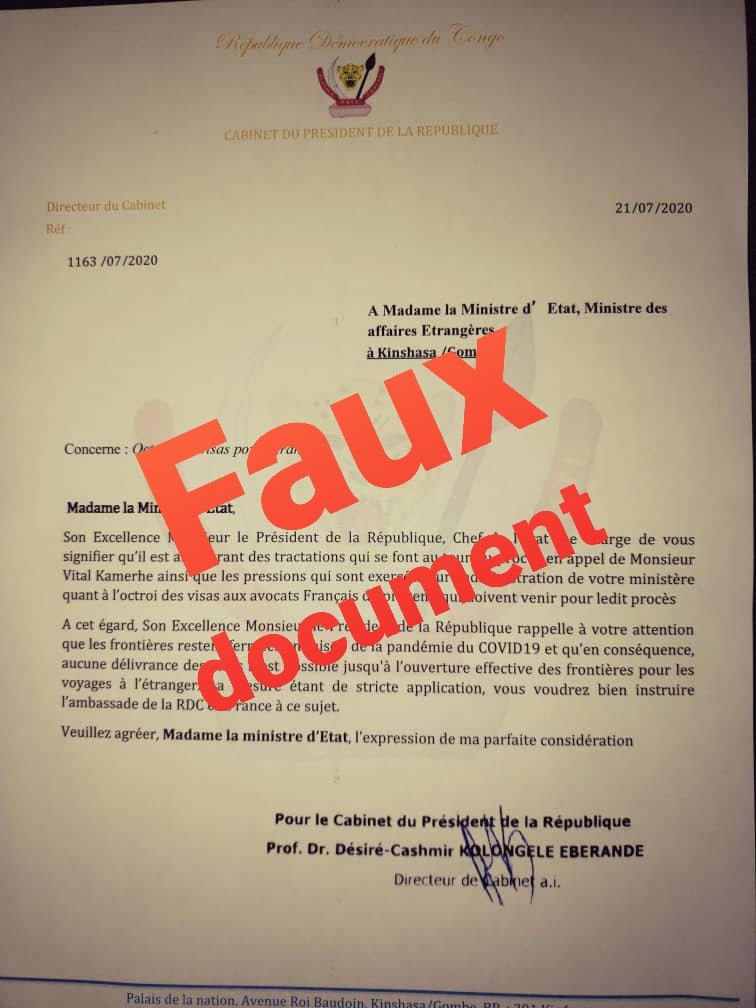 Ministère des Affaires Etrangères de la RDC (@rdc_minaffet) on Twitter photo Ce fake document n'a que pour but de nuire à l'image, à la réputation et à la dignité des animateurs des institutions.
Les autorités sécuritaires sont déjà saisies pour que ses commanditaires, concepteurs et relayeurs en portent la responsabilité pénale
#RDC
<a href="/Presidence_RDC/">Présidence RDC 🇨🇩</a> Ce fake document n'a que pour but de nuire à l'image, à la réputation et à la dignité des animateurs des institutions.
Les autorités sécuritaires sont déjà saisies pour que ses commanditaires, concepteurs et relayeurs en portent la responsabilité pénale
#RDC
<a href="/Presidence_RDC/">Présidence RDC 🇨🇩</a>