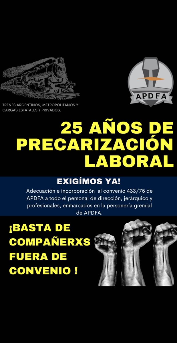 SlabovicDavid's tweet photo. Convenio Colectivo de trabajo 433/75 Actualizado para todos los ferroviarios Jerárquico y de Dirección de acuerdo a la personería gremial.
#25AñosEsMucho
#EsPrecarizacionLaboral
#TodosEnCCT
#ApdfaLucha https://t.co/D6VJzkWsvk