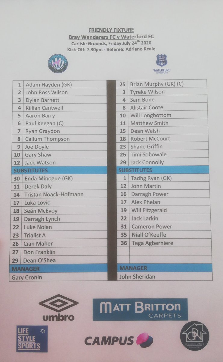 WaterfordFCie's tweet image. Teams for tonight&apos;s game against @BrayWanderers 

#BWFCvWFC #ReturnToAction