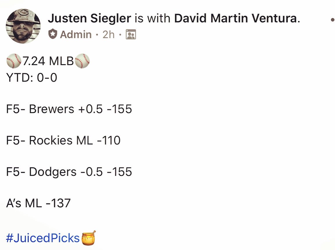 Juiced_Sports's tweet photo. ⚾️7.24 MLB⚾️
YTD: 0-0

F5- Brewers +0.5 -155

F5- Rockies ML -110

F5- Dodgers -0.5 -155

A’s ML -137

#JuicedPicks🍯 https://t.co/wt3lXePWeL