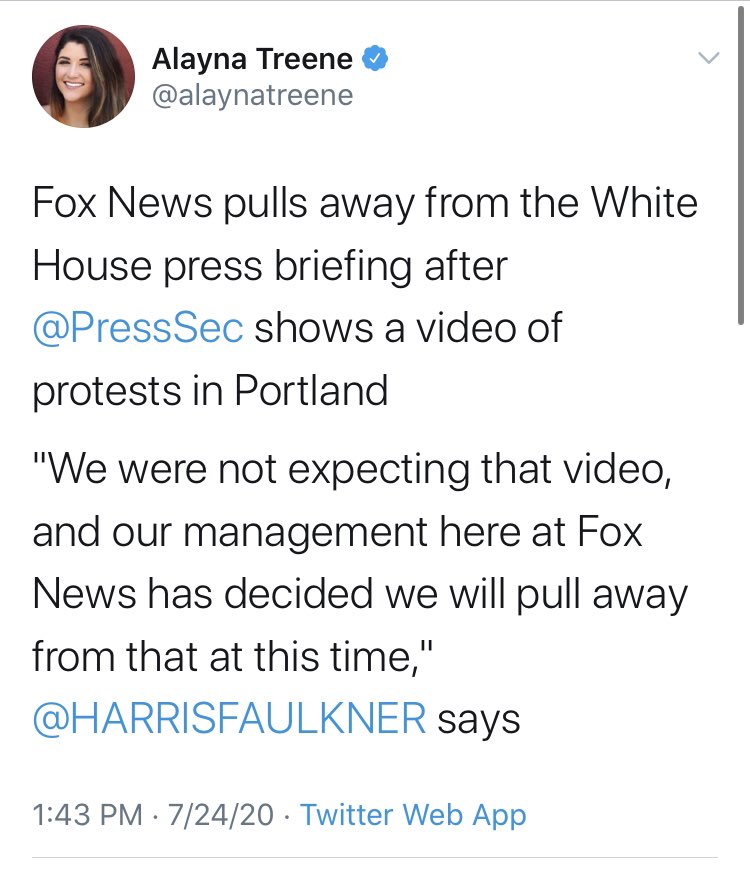 At the WH briefing today, Fox News pulled away as a video of Portland chaos was shown. Within 2 minutes of this, Axios’ white house reporter claims to have a quote from a WH official sniping at Fox. Within two minutes. You buy it?