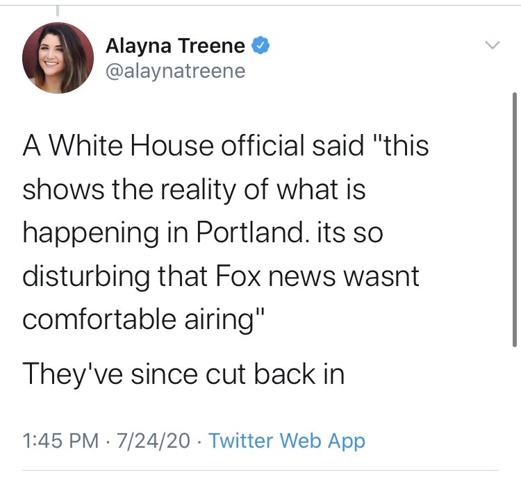 At the WH briefing today, Fox News pulled away as a video of Portland chaos was shown. Within 2 minutes of this, Axios’ white house reporter claims to have a quote from a WH official sniping at Fox. Within two minutes. You buy it?