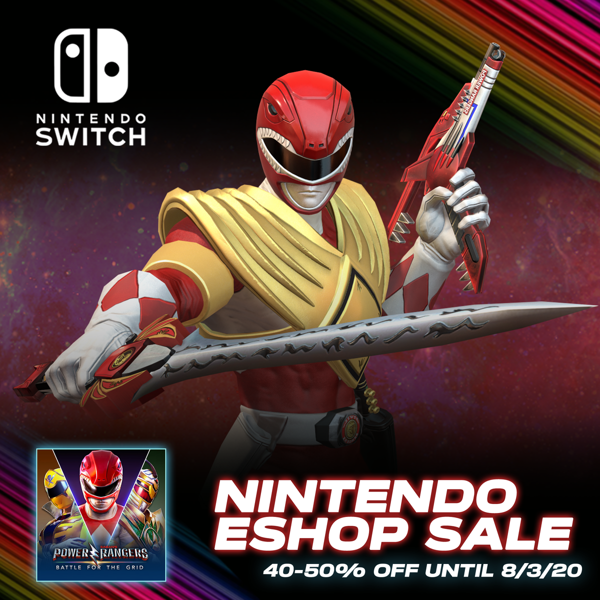 Battle4TheGrid's tweet photo. Check out our latest sale for #NintendoSwitch Rangers!

⚡Standard Edition 40% off
⚡Collector's Edition 50% off
⚡Season 1 Pass and Individual DLC 50% off
⚡Season 2 Pass and Individual DLC 40% off

Got the game and DLC? Tag a friend below! https://t.co/ZdWcUsx8RX
