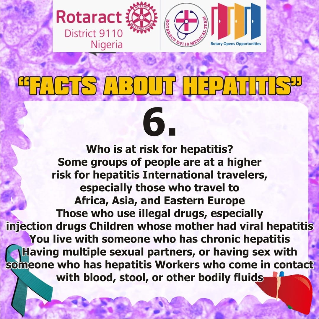 medicalsRD9110's tweet photo. Do you know that some people are at higher risk of having hepatitis?
Have you been vaccinated?
Medical team @RotaractD9110ng
#Rotary #rotaract #zerohepatitis #humanity https://t.co/880jWeFcBC