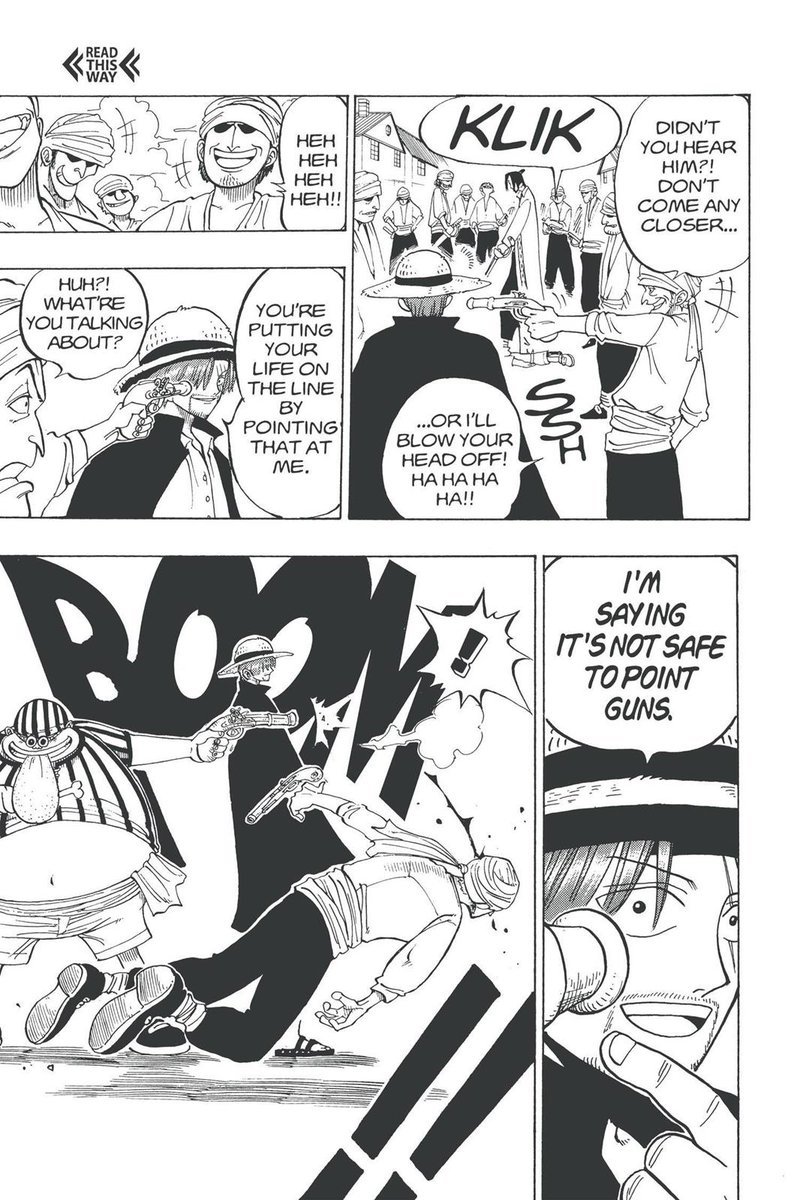 1. chapter 1 to the end of Orange town, we see how much shanks inspired luffy in chapter 1 and from here you'll see the subtle progression and the amount of characterization shanks added to luffy