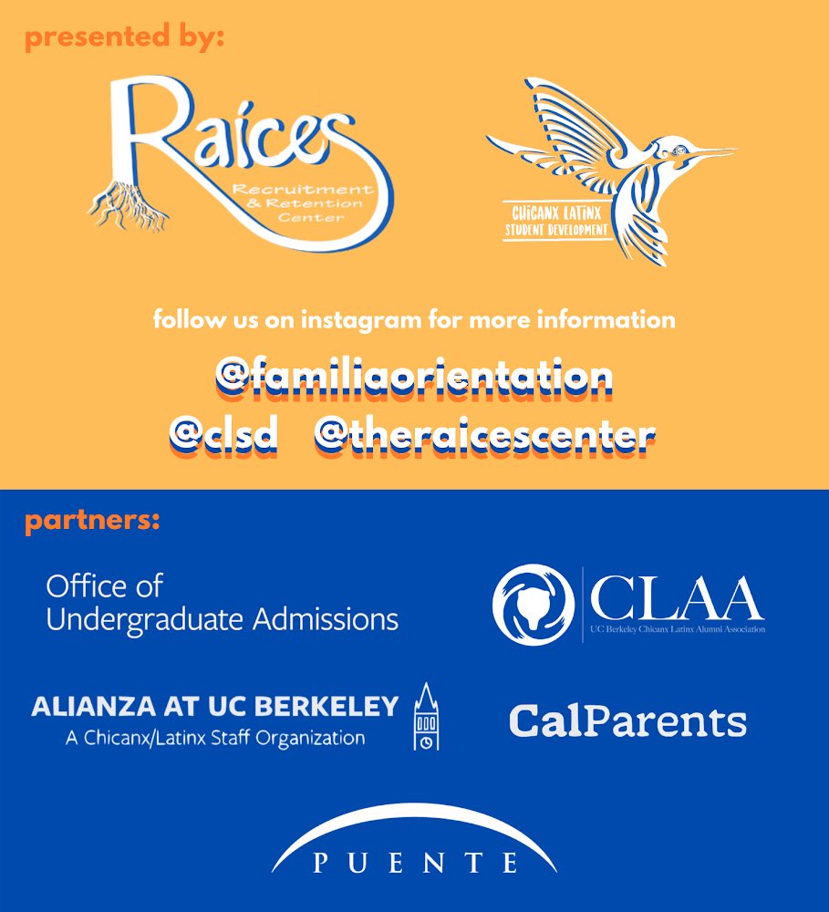 Virtual Familia Orientation happening Aug 9-Aug 15. This event is open to all Puente freshmen and transfer UC Berkeley admits. Programming will be bilingual! Register at: bit.ly/UCBfamilia.