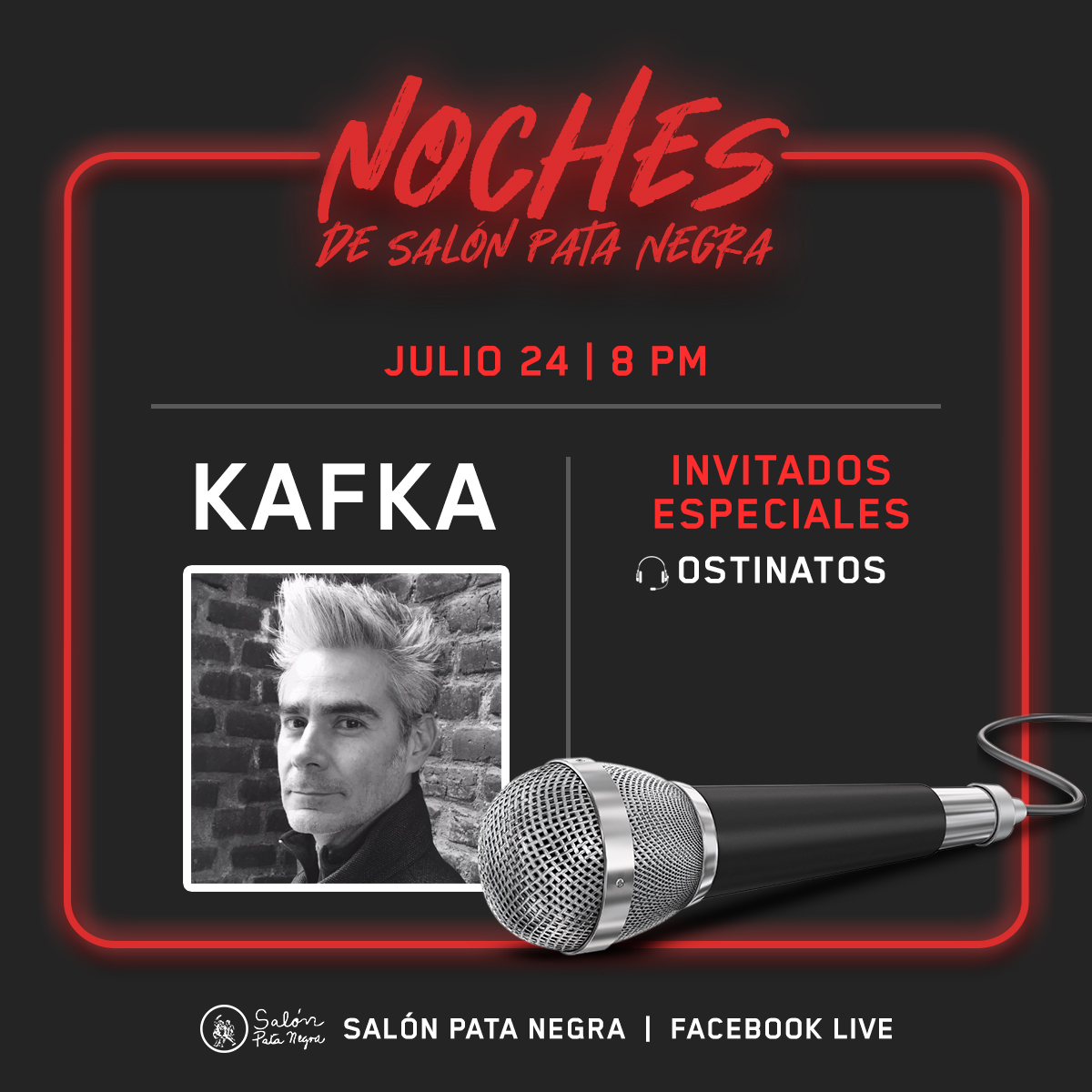 Esta noche en #NochesDeSalónPataNegra tendremos la compañía de <a href="/danielgusana/">Daniel Gutierrez</a>  presentando Kafka Jones, como invitados especiales, la banda Los Ostinatos 
Transmisión en vivo desde Facebook, 8 pm.