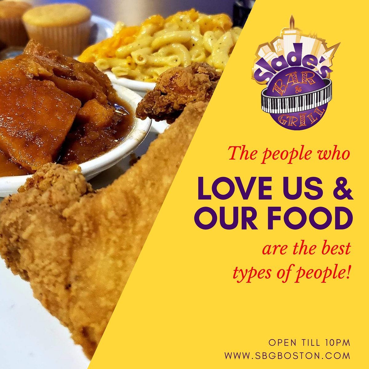 Slades_Boston's tweet photo. WE LOVE &amp; APPRECIATE YALL!! 💜💛
OPEN FOR TAKEOUT ▪︎ IN/OUTDOOR DINING
DELIVERY via UberEats or GrubHub
〰️
OPEN TILL 10PM
COME DINE WITH US!!
〰️
Order takeout online https://t.co/AqObuhzc5K
〰️
DOWNLOAD THE TOAST TAB APP to view our menu &amp; place orders!
〰️
#SladesBarNGrill https://t.co/erWAjfk8pV