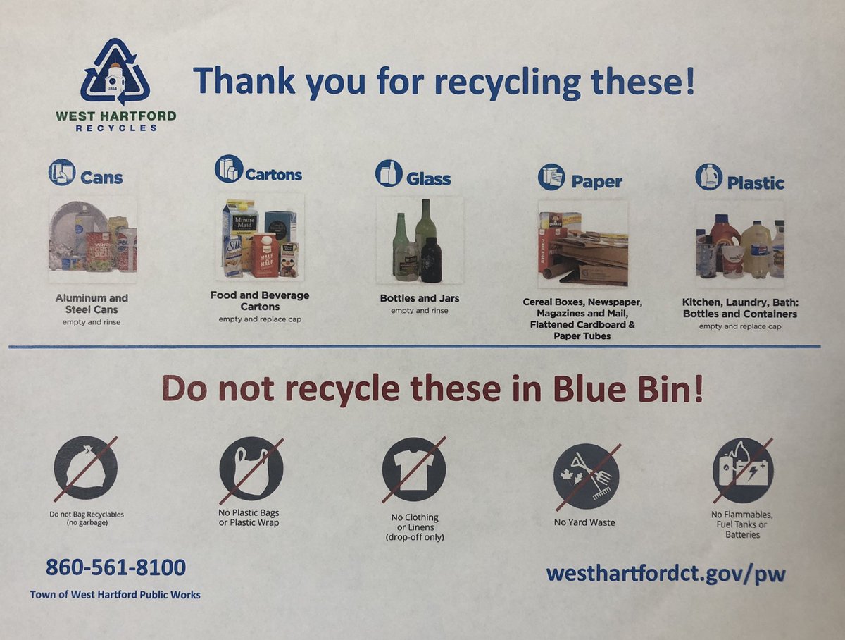 recycles_west's tweet photo. Here is a handy recycling chart for @TownofWestHrtfd @WeHartford residents! Styrofoam &amp; plastic bags do not go in recycling cart! #recycleright #recyclect #reducereuserecycle #westhartfordrecycles https://t.co/UOcAHsdhig