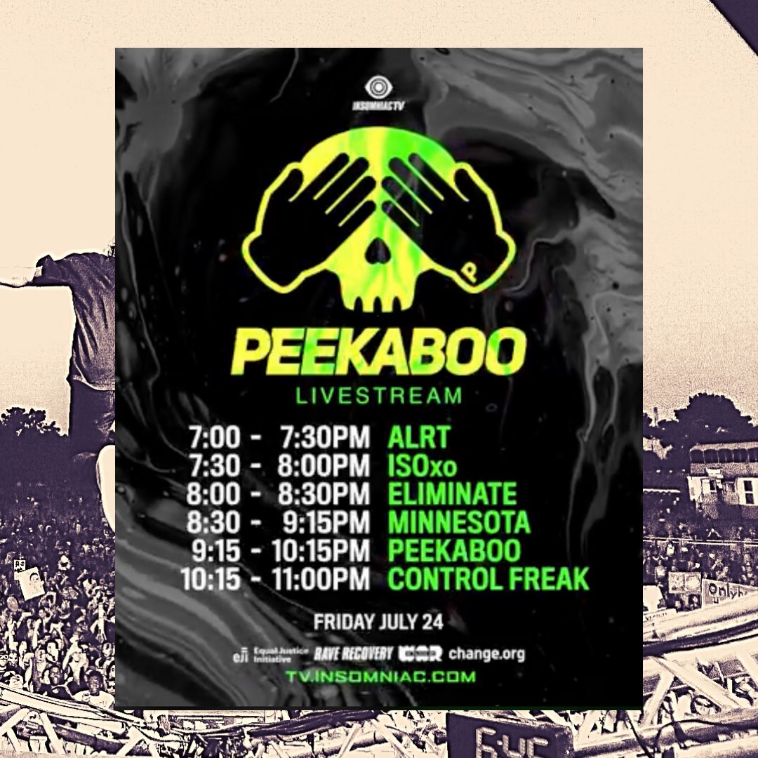 Tonight, check out the Peekaboo Livestream today presented by <a href="/insomniacevents/">Insomniac Events</a> 

Featuring @minnesotaBASS, <a href="/peekaboobeats/">PEEKABOO</a>, @controlfreakus and more!