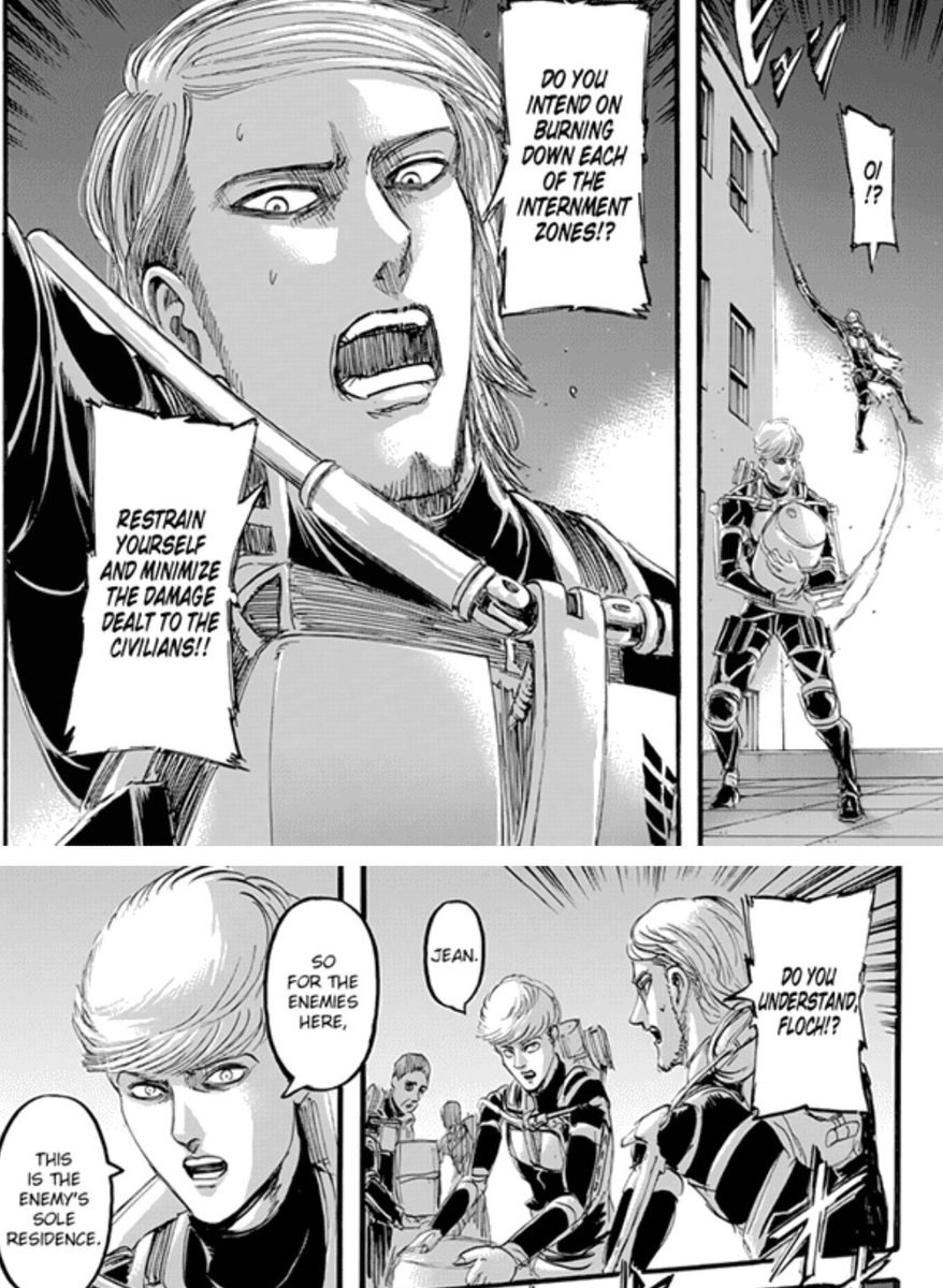 Interesting part starts after timeskip.Jean tells Floch to minimize the damage dealt to the civilians, but Floch thinks that everyone in Marley are their enemies. "You're still saying stuff like that?" means that Floch has already spoken about his radical views and Jean