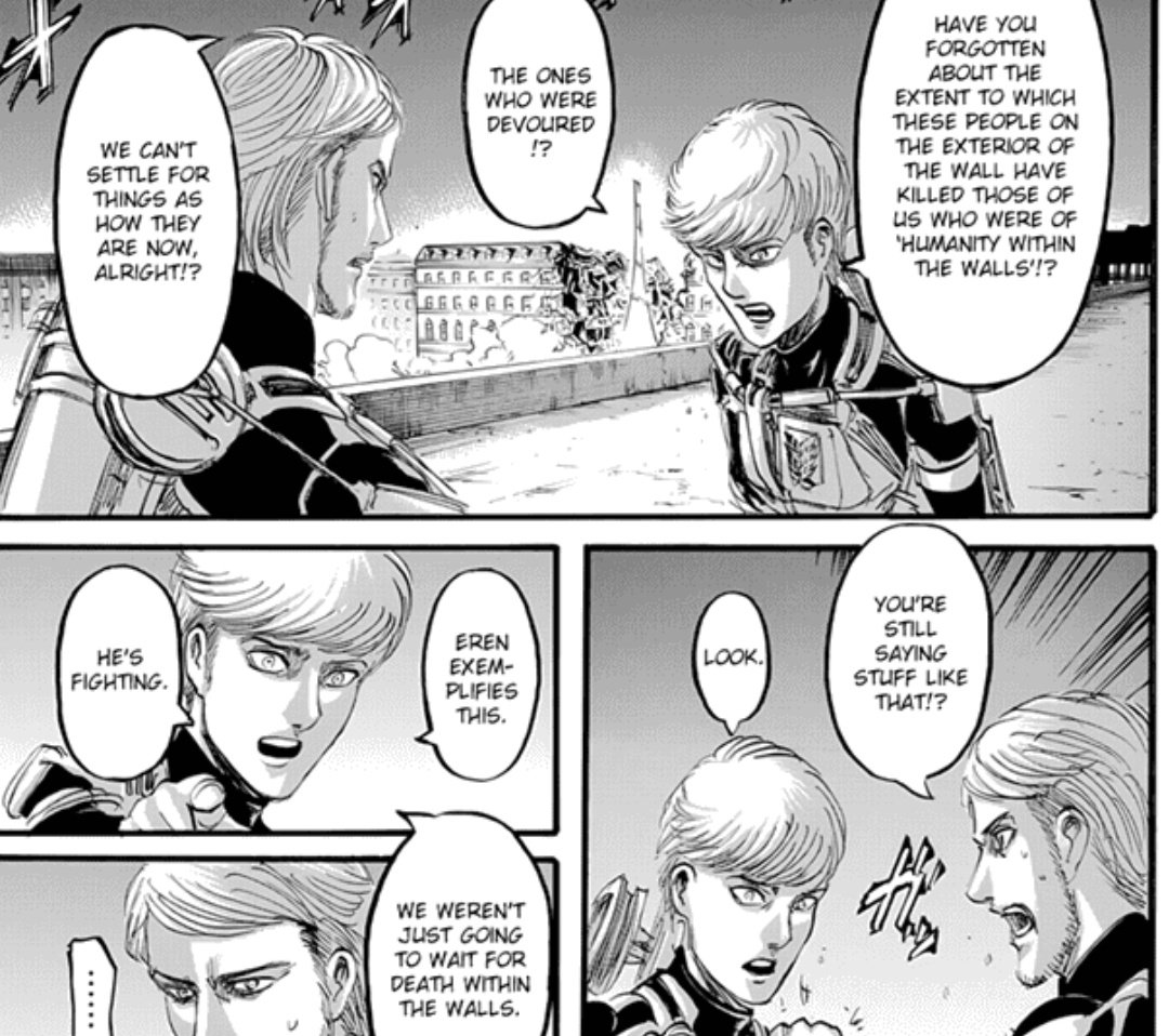 Interesting part starts after timeskip.Jean tells Floch to minimize the damage dealt to the civilians, but Floch thinks that everyone in Marley are their enemies. "You're still saying stuff like that?" means that Floch has already spoken about his radical views and Jean
