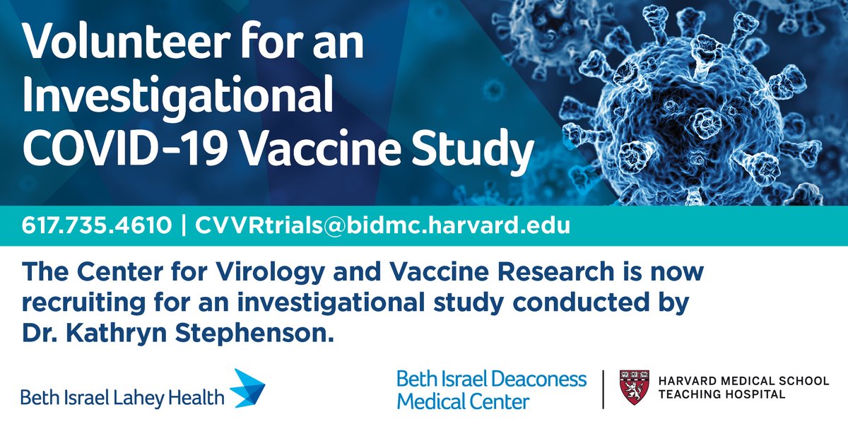 BIDMC (@bidmchealth) on Twitter photo The <a href="/BIDMC_CVVRTrial/">BIDMC_CVVRtrial</a> is now recruiting for an investigational #COVID19 vaccine study conducted by <a href="/k_stephensonMD/">Katy Stephenson, MD, MPH</a>. Participants must be between the ages of 18-55 and have the ability to attend 13 in-person visits within the next 15 months. Learn more: cvvr.hms.harvard.edu/cov1001/ The <a href="/BIDMC_CVVRTrial/">BIDMC_CVVRtrial</a> is now recruiting for an investigational #COVID19 vaccine study conducted by <a href="/k_stephensonMD/">Katy Stephenson, MD, MPH</a>. Participants must be between the ages of 18-55 and have the ability to attend 13 in-person visits within the next 15 months. Learn more: cvvr.hms.harvard.edu/cov1001/
