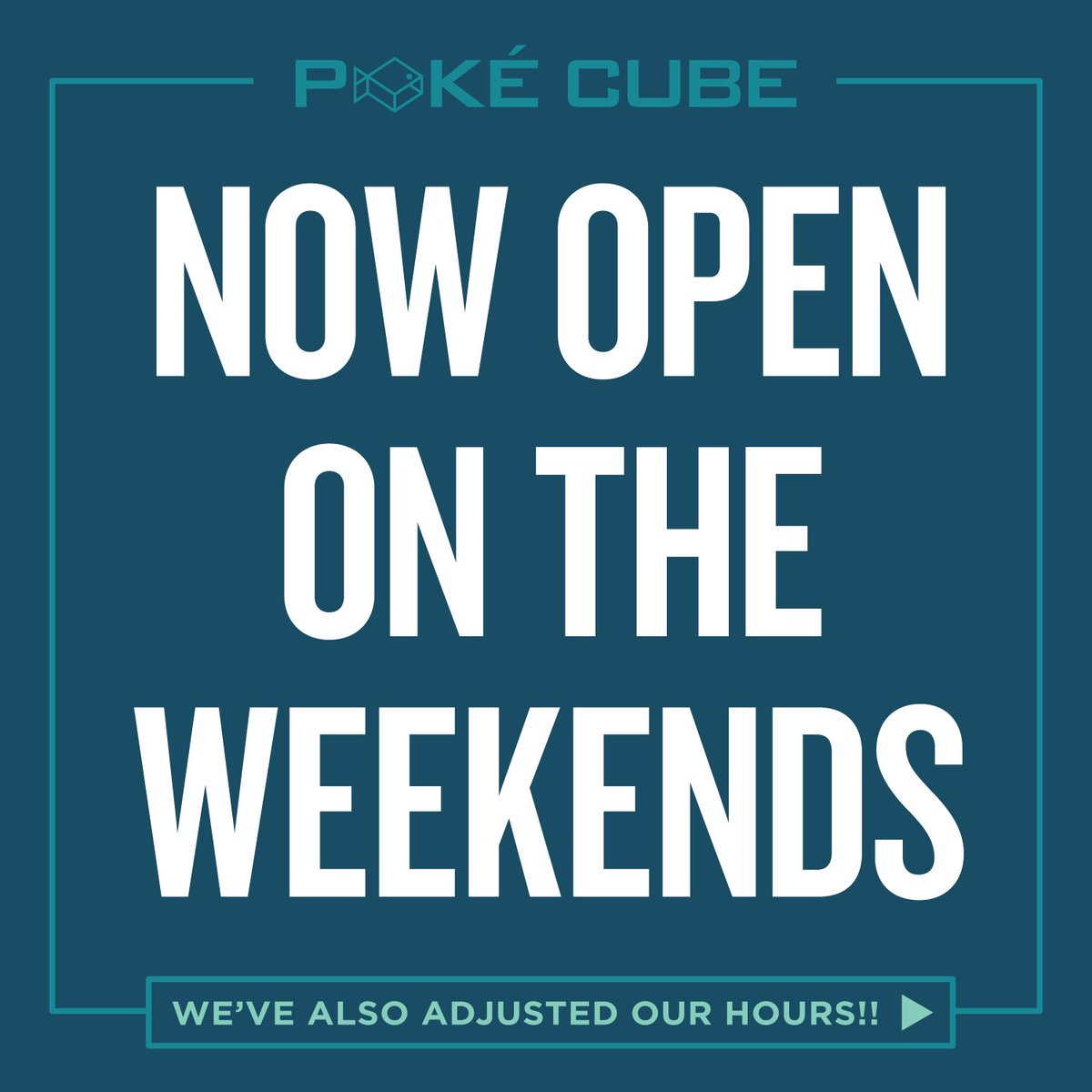 pokecube_inc's tweet photo. It’s Aloha Friday! 🌺 We’re excited to announce that we will now be open on THE WEEKENDS!! 🙌🏼 We’ve also adjusted our hours and will now be open MON–SUN @ 11 am–7:30 pm (starting 7/25) 👏🏼

Order online thru our website or find us on DoorDash, Uber Eats, Postmates, and Grubhub 👌🏼 https://t.co/2rWpU3ipre