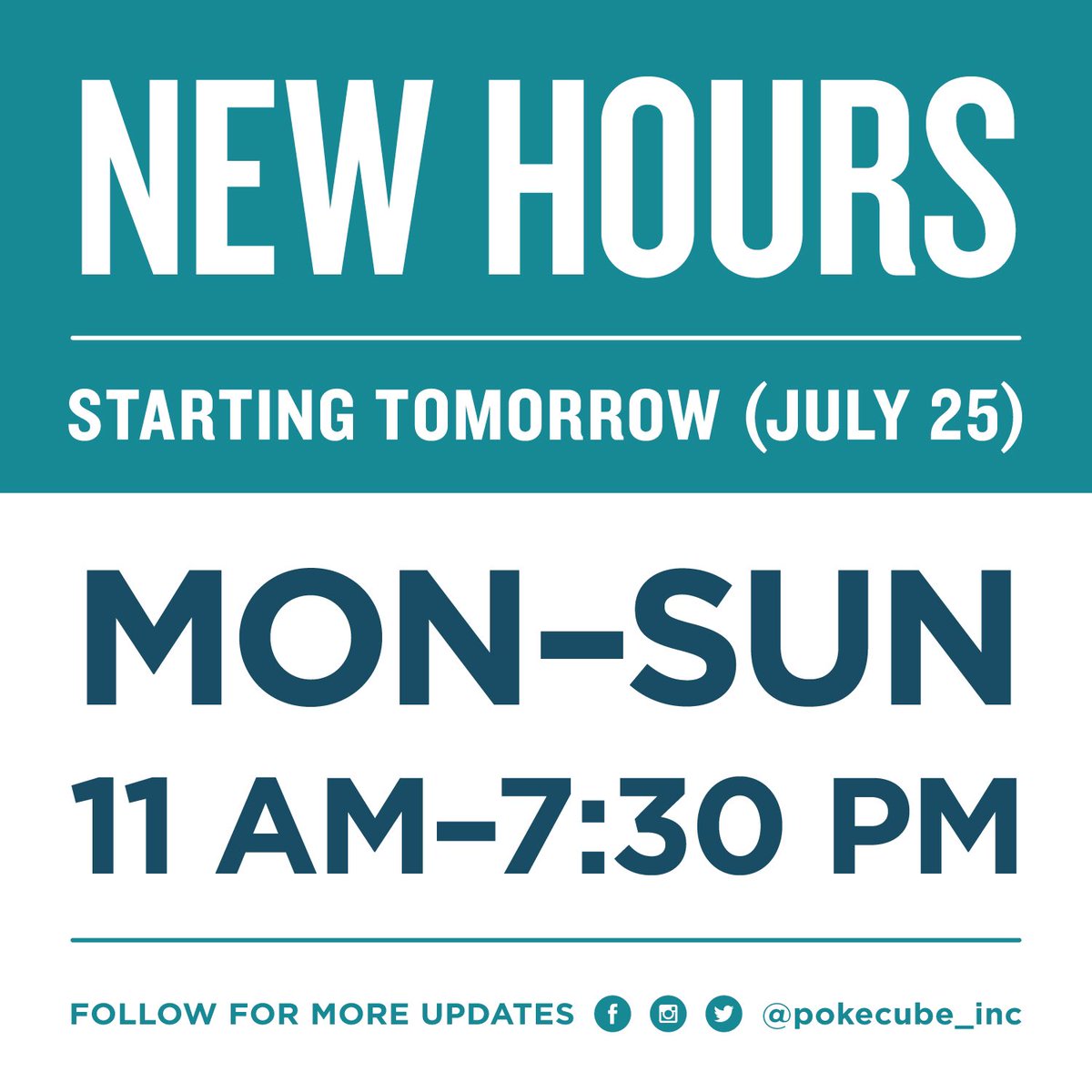 pokecube_inc's tweet photo. It’s Aloha Friday! 🌺 We’re excited to announce that we will now be open on THE WEEKENDS!! 🙌🏼 We’ve also adjusted our hours and will now be open MON–SUN @ 11 am–7:30 pm (starting 7/25) 👏🏼

Order online thru our website or find us on DoorDash, Uber Eats, Postmates, and Grubhub 👌🏼 https://t.co/2rWpU3ipre