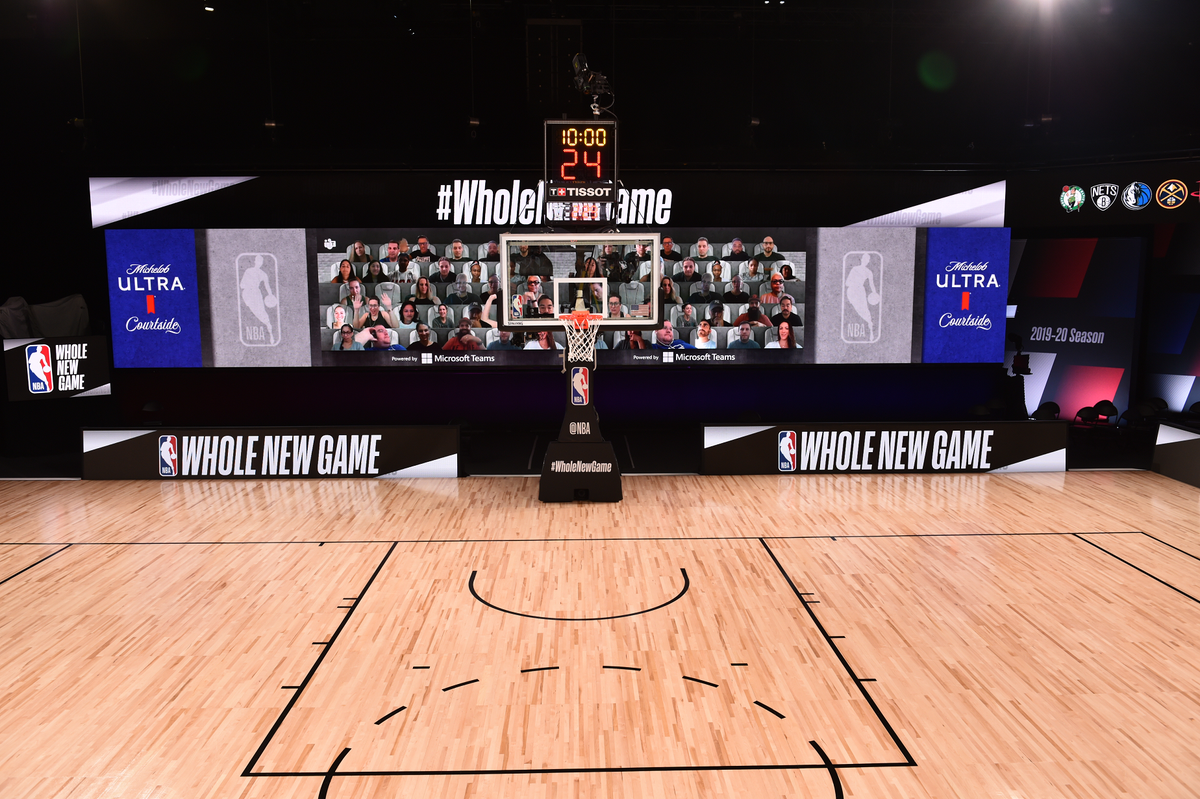 Microsoft's tweet photo. Starting on July 30th, the @NBA will outfit each game court with 17-foot-tall LED screens that wrap three sides of the court. https://t.co/GBYJP0Jwws