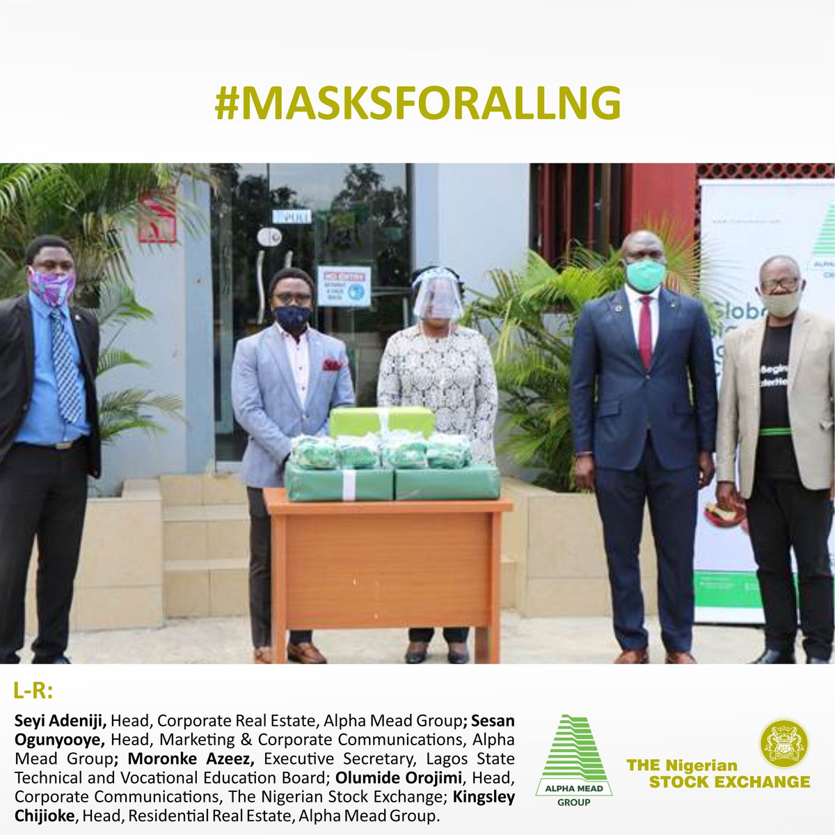 ngxgrp's tweet photo. Yesterday, we joined @AlphaMead_Dev Group as they donated 1,000 face masks to the Lagos State Technical and Vocational Education Board (LASTVEB), as part of the #MasksForAllNg Campaign. Help reduce the spread of #COVID19 by donating masks via: https://t.co/nHcf2RXuku https://t.co/e3LJeLZhkz