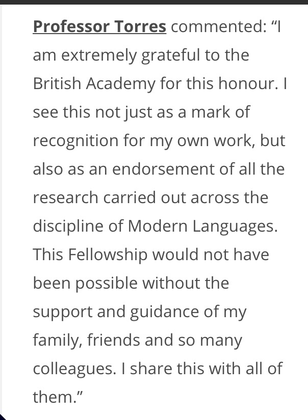 ModLangs_QUB's tweet photo. We are so proud of our colleague Prof. Isabel Torres. Yesterday she became a fellow of the British Academy. Isabel was already a member of the Royal Irish Academy and a corresponding fellow of the Real Academia. @BritishAcademy_ 
@RIAdawson 
#LoveQUB  #LoveQUBLangs https://t.co/WYyOlCPi05